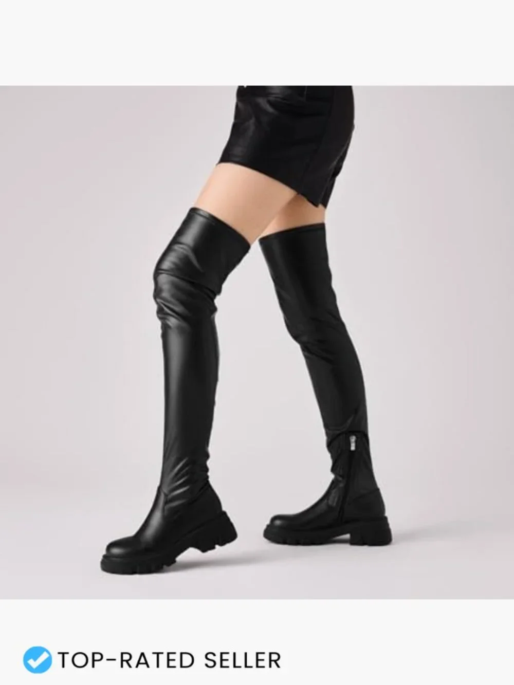 Over the Knee Boots Chunky Heel Platform Stretchy Faux Leather Lug Sole